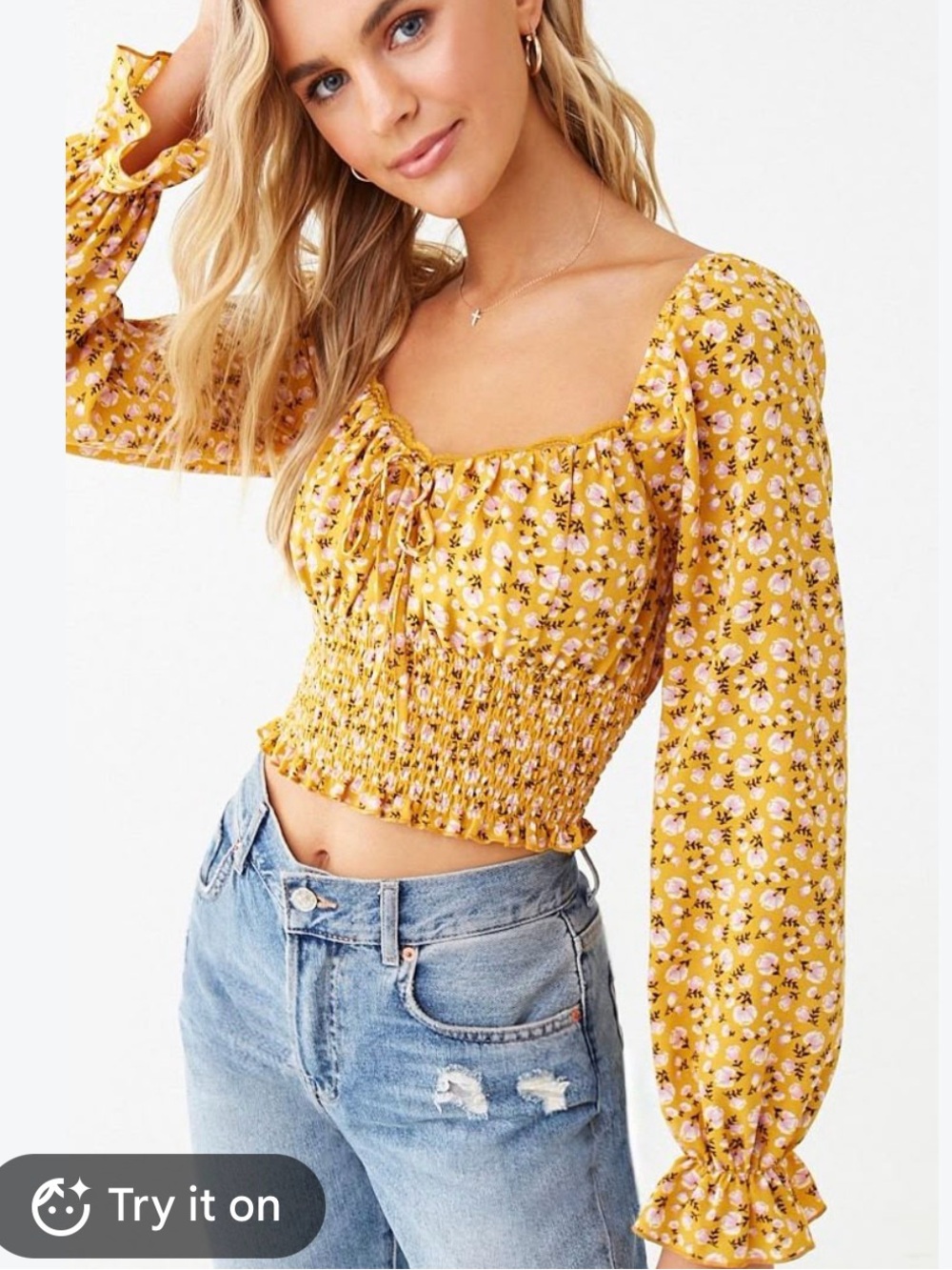 Smocked Yellow Floral Long-Sleeve Crop Top - Women